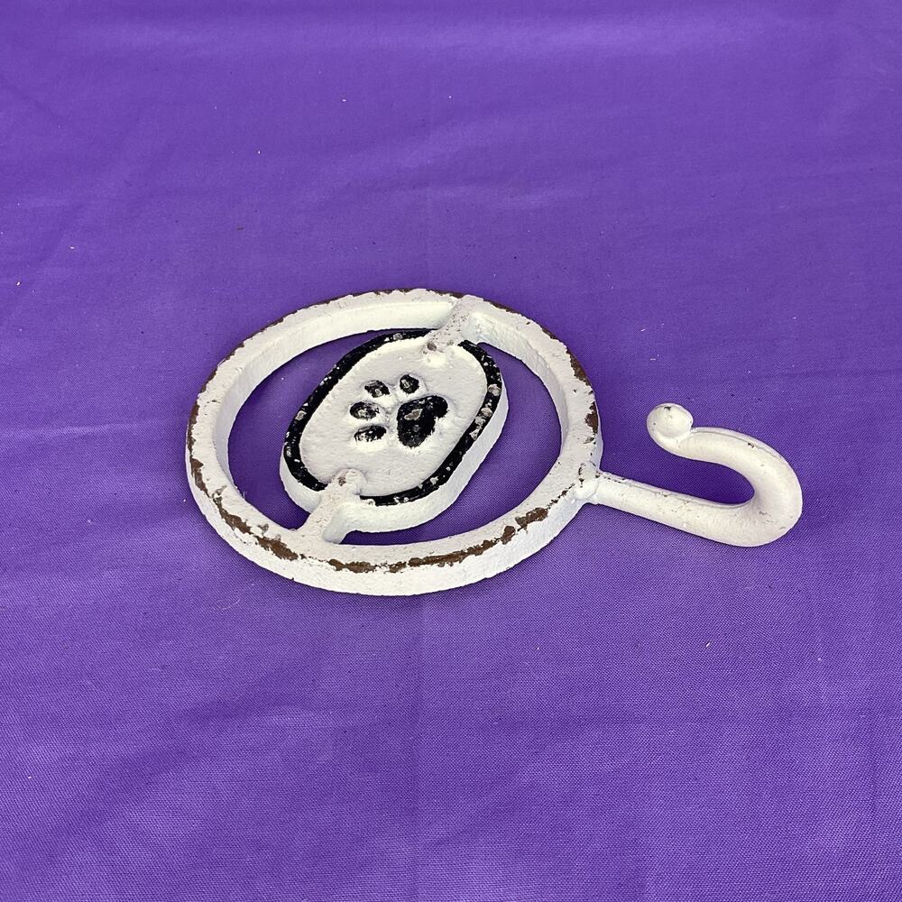 Cast Iron Paw Print Wall Hook - Distressed White Dog Leash Hanger
